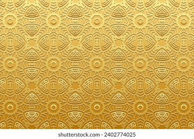 Embossed gold background, vintage cover design. Handmade, boho, luxurious ornaments, arabesques. Geometric ethnic 3D pattern. Tribal traditions of the East, Asia, India, Mexico, Aztec, Peru.