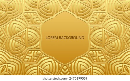 Embossed gold lorem background, tribal cover design. Geometric gold 3D pattern, boho motifs, business card. Ethnic ornaments, handmade. Traditions of the East, Asia, India, Mexico, Aztec, Peru.