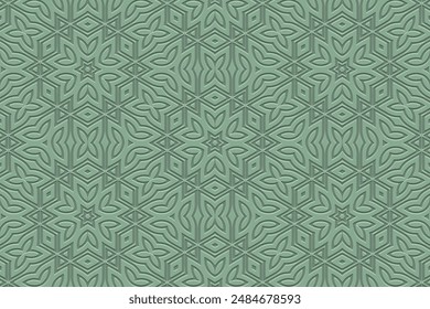 Geprägter grüner Hintergrund, Cover-Design, Banner. Geometrisches tribal abstraktes 3D-Muster. Ethnische Ornamente, Arabesken, Mandala. Handgemachte Exotik. Motive aus dem Osten, Asien, Indien, Mexiko, Azteken, Peru.