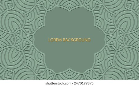 Embossed green lorem background, tribal cover design. Geometric original 3D pattern, boho motifs, business card. Ethnic ornaments, handmade. Traditions of the East, Asia, India, Mexico, Aztec, Peru.
