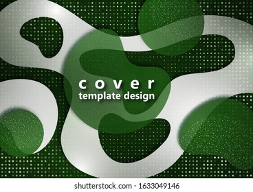 Embossed layers of cut paper, dynamic colored shapes, circles, small particles. Halftone texture. Wavy geometric shapes. Template for website, cover, brochure, banner. Vector illustration