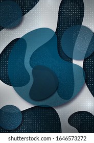 Embossed layers of cut paper, dynamic colored shapes, circles, small particles. Halftone texture. Wavy geometric shapes. Template for website, cover, brochure, banner. Vector illustration 