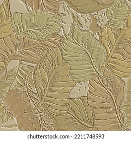 Embossed leafy 3d seamless pattern. Beautiful floral relief autumn background. Repeat textured vector backdrop. Surface emboss autumn leaves. 3d endless ornament with embossing effect. Leafy texture.