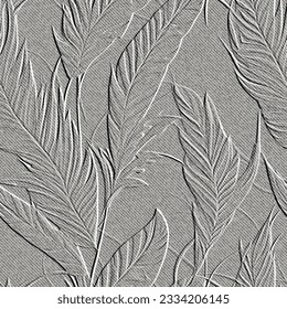 Embossed leafy 3d seamless pattern. Denim jeans textured grunge floral relief background. Repeat vector backdrop. Surface emboss leaves. 3d endless ornament with embossing effect. Leafy texture.