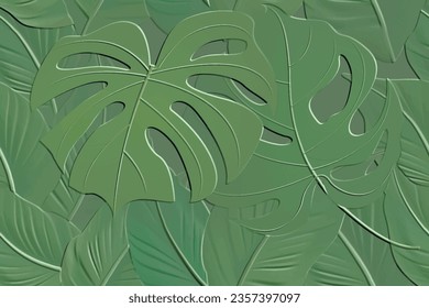 Embossed leafy green 3d seamless pattern. Beautiful floral relief background. Repeat textured green vector backdrop. Surface emboss leaves. 3d endless ornament with embossing effect. Leafy 3d texture.