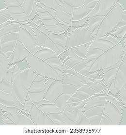 Embossed leafy light green 3d seamless pattern. Beautiful floral relief background. Repeat textured vector backdrop. Surface emboss leaves. 3d endless ornament with embossing effect. Leafy 3d texture.