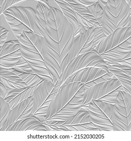 Embossed leafy white 3d seamless pattern. Beautiful floral relief background. Repeat textured white vector backdrop. Surface emboss leaves. 3d endless ornament with embossing effect. Leafy texture.