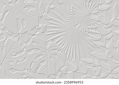 Embossed leafy white 3d seamless pattern. Beautiful floral relief background. Repeat textured vector backdrop. Surface emboss palm leaves. 3d endless ornament with embossing effect. Leafy texture.