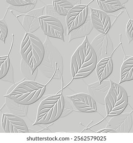 Embossed leafy white 3d seamless pattern. Beautiful floral relief background. Repeat textured white vector backdrop. Surface emboss leaves. 3d endless ornaments with embossing effect. Leafy texture.