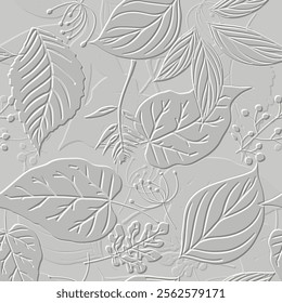 Embossed leafy white 3d seamless pattern. Beautiful floral relief background. Repeat textured white vector backdrop. Surface emboss leaves. 3d endless ornaments with embossing effect. Leafy texture.