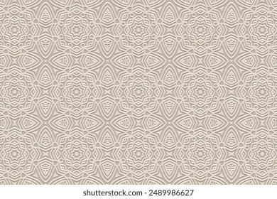 Embossed light background, cover design, banner. Geometric tribal decorative 3D pattern. Ethnic ornaments, arabesques, mandala. Vintage, handmade. Motifs of the East, Asia, India, Mexico, Aztec, Peru.