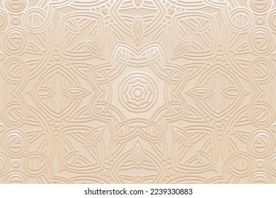 Fondo claro embosado, diseño de portada étnica. Papel de prensa, estilo boho abstracto con elementos hechos a mano. Patrón geométrico 3d. Temas tribales de Oriente, Asia, India, México, Aztecas, Perú.