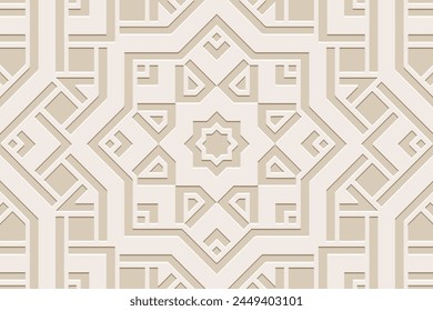 Embossed light background, ethnic cover design. Geometric unique 3D pattern. Tribal handmade style, doodling, art deco. Ornamental boho exoticism of the East, Asia, India, Mexico, Aztec, Peru.