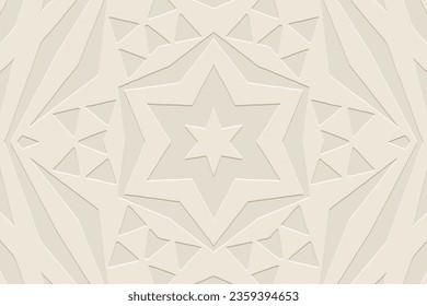 Fondo beige claro con relieve, diseño de la cubierta. Patrón geométrico étnico 3D, papel de prensa, cuero. Trabajos decorativos hechos a mano, anti estrés. Boho, diseños tribales minimalistas de Oriente, Asia, India, México