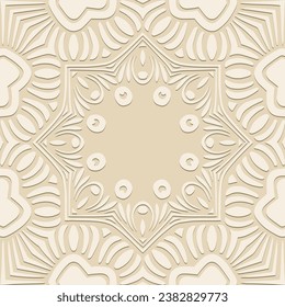 Embossed, light beige background, cover design. Boho style, handmade. Geometric ethnic vintage 3D pattern, frame, place for text. Ornaments of the East, Asia, India, Mexico, Aztec, Peru.