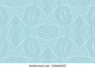 Eingebetener hellblauer Hintergrund, ethnisches Cover-Design. 3D-Muster geometrischer Formen, Linien, Streifen. Art-Deco-Stil. Folk traditionelle Ornamente des Ostens, Asiens, Indiens, Mexikos, Azteken, Peru.