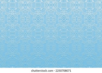 Embossed light blue background, ethnic cover design. Press paper, boho style. Geometric actual art 3d pattern. Tribal ornamental motifs of the East, Asia, India, Mexico, Aztecs, Peru.
