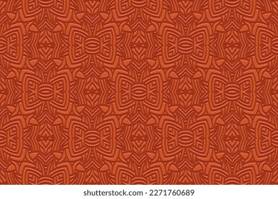 Embossed light brown background, cover design. Geometric exotic 3D pattern, press paper, leather. Boho, handmade ethnic themes. Traditions of the East, Asia, India, Mexico, Aztecs, Peru.