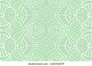 Embossed light lettuce background, ethnic cover design. Geometric lace 3D pattern, arabesque, handmade style. Tribal topical ornaments of the East, Asia, India, Mexico, Aztecs, Peru.