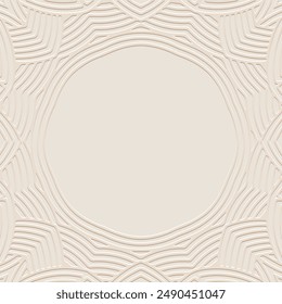 Embossed light lorem background, cover design, banner, logo. Place for text, frame. Geometric tribal 3D pattern. Ethnic ornaments, mandala, handmade East, Asia, India, Mexico, Aztec, Peru. 