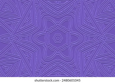 Embossed lilac background, cover design, banner. Geometric tribal unique 3D pattern. Ethnic ornaments, mandala, handmade. Art Deco, traditions of the East, Asia, India, Mexico, Aztec, Peru.