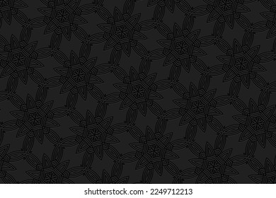 Embossed luxury black background, ethnic cover design. Press paper, boho style. Geometric tribal trendy 3d pattern. Handmade elements of the peoples of the East, Asia, India, Mexico, Aztecs, Peru.