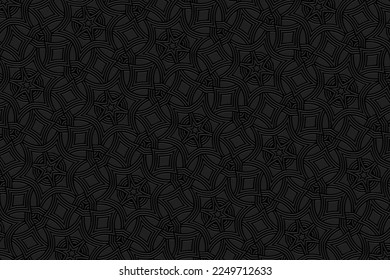 Embossed luxury black background, ethnic cover design. Press paper, boho style. Geometric tribal artistic 3d pattern. Handmade elements of the peoples of the East, Asia, India, Mexico, Aztecs, Peru.