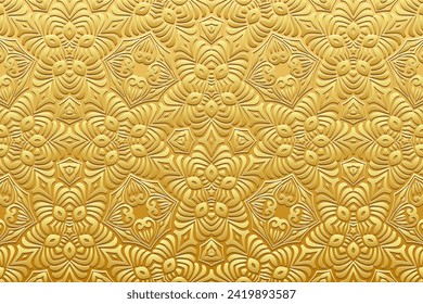Embossed luxury gold background, vintage cover design. Handmade, boho, doodle, zentagle. Geometric gold 3D pattern. Ethnicity of the East, Asia, India, Mexico, Aztec, Peru.