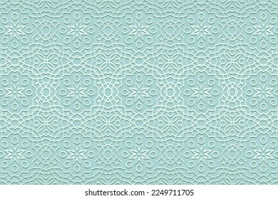 Embossed luxury turquoise background, ethnic cover design. Press paper, boho style. Geometric tribal decorative 3d pattern. Handmade elements of the peoples of the East, Asia, India, Mexico, Aztecs