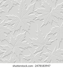 Embossed marple leaves white 3d seamless pattern. Falling leaves relief background. Repeat textured vector backdrop. Surface emboss leaves. 3d endless ornament with embossing effect. Leafy texture.