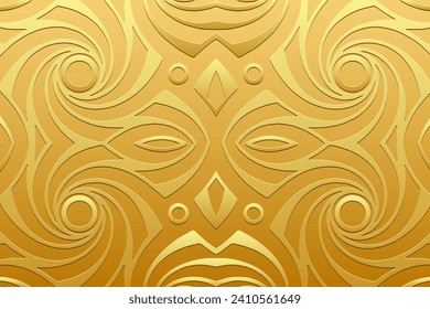 Embossed metal background, cover design. Handmade, arabesques, golden texture. Geometric ethnic 3D pattern. Ornamental decorative art of the East, Asia, India, Mexico, Aztec, Peru.