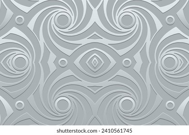 Fondo de metal emboscado, diseño de cubierta. Fabricado a mano, arabescos, textura plateada. Patrón geométrico étnico 3D. Arte decorativo ornamental de Oriente, Asia, India, México, Azteca, Perú.