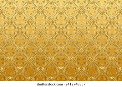 Embossed metal background, cover design. Handmade, arabesques, golden texture. Geometric ethnic 3D pattern. Ornamental art of the East, Asia, India, Mexico, Aztec, Peru.