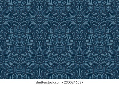 Fondo azul abstracto minimalista con relieve, diseño de portada étnica. Patrón geométrico 3D, papel de prensa, cuero. Boho, hecho a mano, doodle. Sabor tribal de Oriente, Asia, India, México, Azteca, Perú.