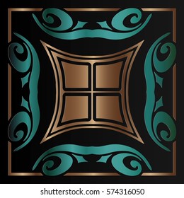 embossed on an abstract symmetrical turquoise oriental pattern in gold leaf frame on black background