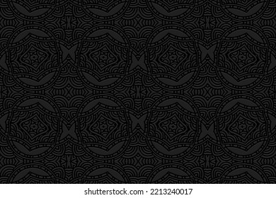Embossed original black background, ethnic cover design. Geometric 3D pattern, press paper, boho style with handmade elements. Tribal ornaments of the East, Asia, India, Mexico, Aztecs, Peru.