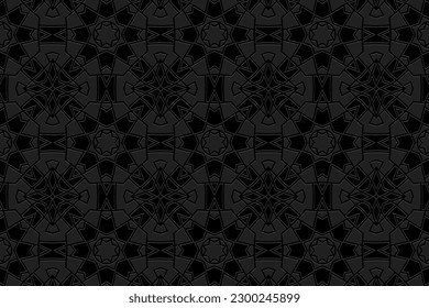Embossed original black background, ethnic cover design. Geometric 3D pattern, press paper, leather. Boho, handmade. Tribal flavor of the East, Asia, India, Mexico, Aztec, Peru.