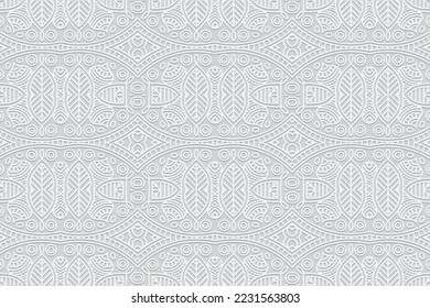 Embossed original white background, cover ethnic design. Press paper, handmade, doodle and zentangle technique. Tribal geometric 3d pattern. Fashionable themes of the East, Asia, India, Mexico, Aztecs