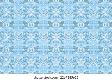 Embossed pale blue background, vintage cover design. Geometric 3D pattern, press paper, leather. Ornaments handmade East, Asia, India, Mexico, Aztecs, Peru. Ethnic boho motifs, art deco.