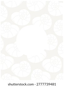 Embossed paper frame with seashell border, scallop and spiral shell detail, textured edge and empty center for text. Symbol of beach memory, coastal elegance. Cartoon vector illustration.