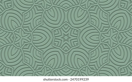 Embossed pastel green background, tribal cover design. Geometric floral 3D pattern, boho motifs, business card. Ethnic ornaments, handmade. Traditions of the East, Asia, India, Mexico, Aztec, Peru.