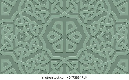 Embossed pastel green background, tribal cover design. Geometric decorative 3D pattern, business card. Ethnic ornaments, handmade, boho motifs of the East, Asia, India, Mexico, Aztec, Peru.