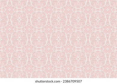 Embossed pink background, cover design. Lace style, handmade. Geometric ethnic artistic 3D pattern. Arabesques of the East, Asia, India, Mexico, Aztec, Peru.