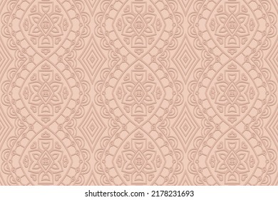 Eingebetener rosafarbener Hintergrund, ethnisches Cover-Design. Geometrisches dekoratives 3D-Muster. Stammesspitzenschmuck aus Ost, Asien, Indien, Mexiko, Azteken, Peru. Handgefertigter Stil.