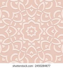 Embossed pink background, ethnic cover design, banner. Geometric elegant minimalist 3D pattern. Handmade, doodling. Floral ornaments of the peoples of the East, Asia, India, Mexico, Aztec, Peru.
