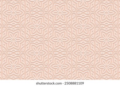 Fondo rosa en relieve, diseño de la cubierta tribal, Anuncio. Patrón floral geométrico 3D, en relieve. Adornos, hechos a mano, estilo boho. Etnia del Este, Asia, India, México, Azteca, Perú.