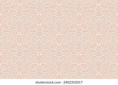 Embossed pink background, vintage cover design. Handmade, ornaments. Geometric ethnic elegant 3D pattern. Tribal traditions of the East, Asia, India, Mexico, Aztec, Peru. Boho style.