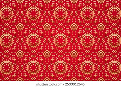Fondo rojo en relieve, diseño de la cubierta tribal, Anuncio. Impresión de Antiguas, patrón único geométrico en estilo de vidriera. Ornamentos de oro étnico, mandala, arabescos. Tradiciones del Este, Asia, India.