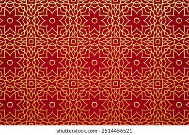 Fondo rojo en relieve, cubierta de diseño tribal, Anuncio. Patrón elegante dorado geométrico en estilo de vidriera. Ornamentos étnicos, mandala, arabesco. Tradiciones del Este, Asia, India, México, Azteca