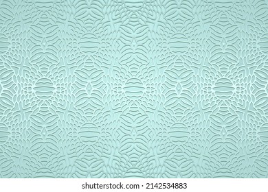 Embossed satin delicate turquoise background, cover design. Geometric 3d pattern, ethnic texture. Creativity of the peoples of the East, Asia, India, Mexico, Aztecs, Peru.